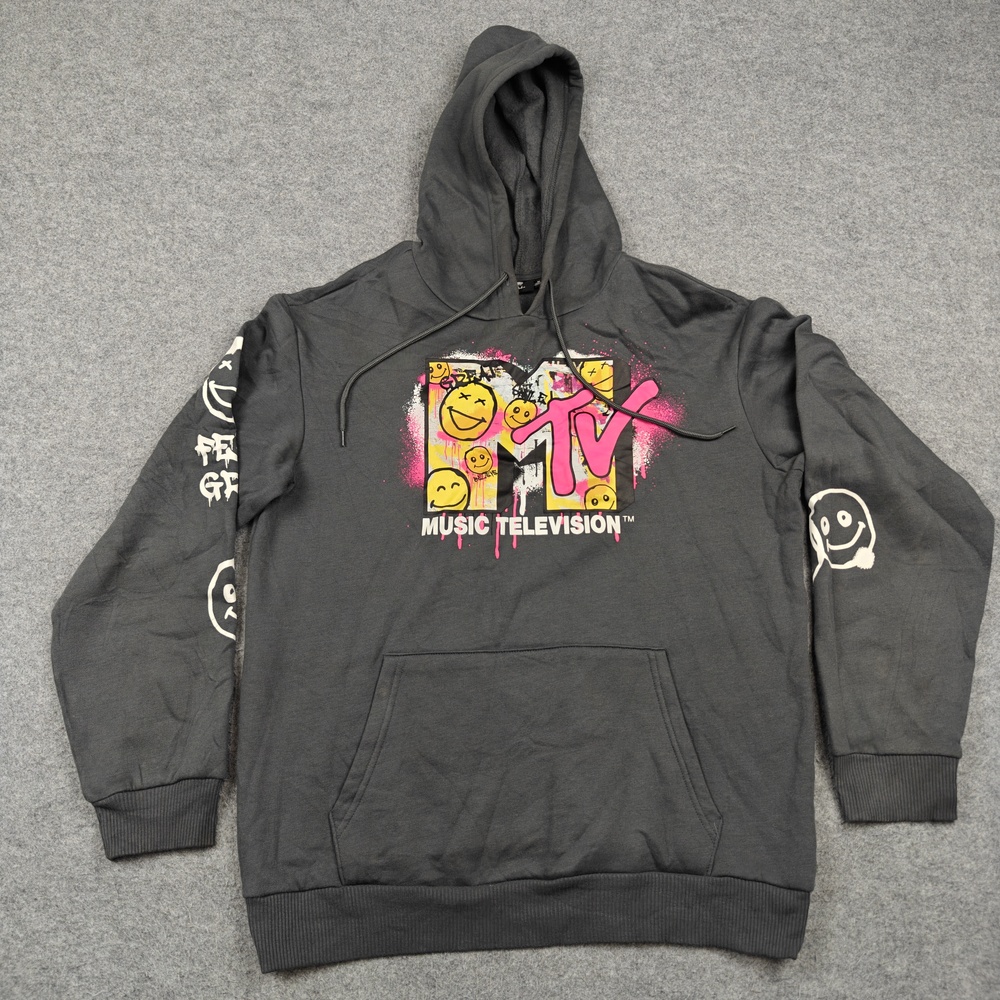 MTV Hoodie Mens Medium Gray Pullover Hooded Pockets Graphic Print Heavyweight